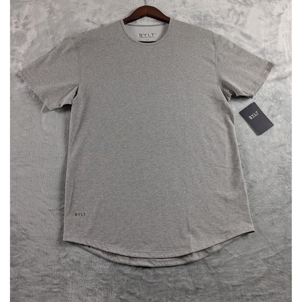 BYLT Lux Drop Cut Shirt Mens Large Gray Short Sleeve Stretch Tee Curve Hem